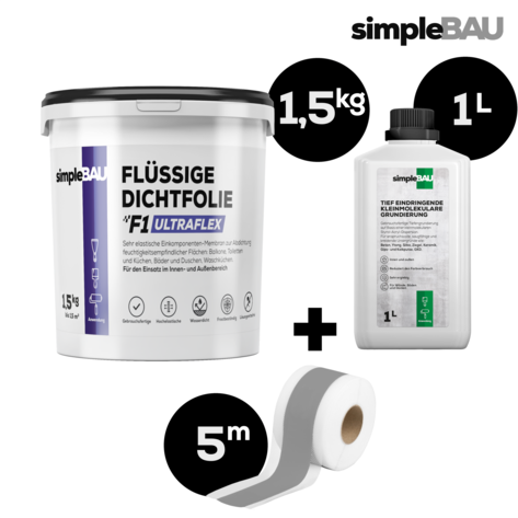 DICHT-SET: simpleBAU FLÜSSIGE DICHTFOLIE F1 ULTRAFLEX 1,5KG+TIEFENGRUND 1L + DICHTBAND 5M flüssigfolie, duschabdichtung set, duschabdichtung, abdichtung dusche, flüssigfolie dusche, dichtband dusche 