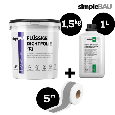 DICHT-SET: simpleBAU FLÜSSIGE DICHTFOLIE F1 1,5KG + TIEFENGRUND 1L + DICHTBAND 5M flüssigfolie, duschabdichtung set, duschabdichtung, abdichtung dusche, flüssigfolie dusche, dichtband dusche