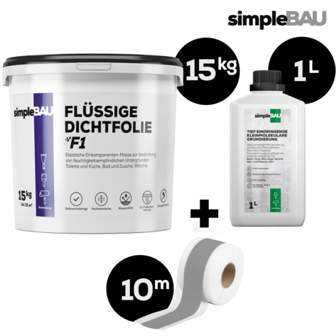 DICHT-SET: simpleBAU FLÜSSIGE DICHTFOLIE F1 15KG + TIEFENGRUND 1L + DICHTBAND 10M  flüssigfolie, duschabdichtung set, duschabdichtung, abdichtung dusche, flüssigfolie dusche, dichtband dusche