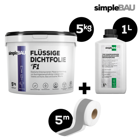 DICHT-SET: simpleBAU FLÜSSIGE DICHTFOLIE F1 5KG + TIEFENGRUND 1L + DICHTBAND 5M  flüssigfolie, duschabdichtung set, duschabdichtung, abdichtung dusche, flüssigfolie dusche, dichtband dusche