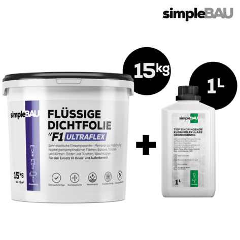 FLÜSSIGE DICHTFOLIE F1 ULTRAFLEX 15KG + TIEFENGRUND 1L flüssigfolie, duschabdichtung set, duschabdichtung, abdichtung dusche, flüssigfolie dusche, dichtband dusche